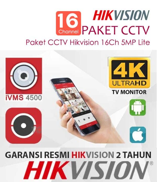 Paket CCTV Hikvision 16Ch 5MP Lite Lengkap dengan 16 Kamera, Tanpa HDD