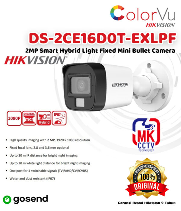 KAMERA CCTV HIKVISION 2MP DS-2CE16D0T-EXLPF DUAL LIGHT COLORVU OUTDOOR 1080p