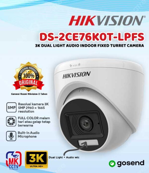 KAMERA CCTV INDOOR - HIKVISION DS-2CE76K0T-LPFS 5MP 3K Dual Light Audio