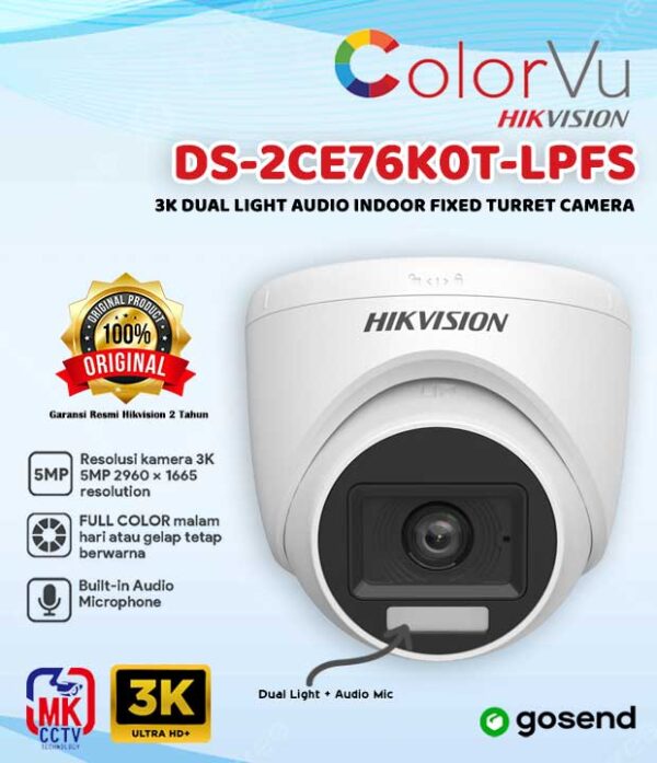 KAMERA CCTV INDOOR - HIKVISION DS-2CE76K0T-LPFS 5MP 3K Dual Light Audio